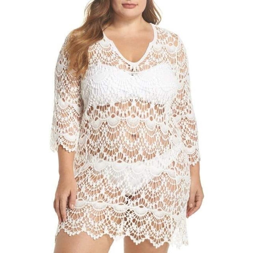 NWT BLACK Crochet Knit Swim Coverup Dress Sz L Boho Vacation Cruise